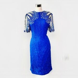 Laurence Kazar Vintage 80’s Blue Dress w/ Silver Peacock Sequins and Open‎ Back